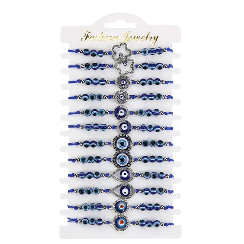 12 Pcs/Set Bohemian Handmade Braided Rope Charm Bracelets Rhinestone Blue round Beads Evil Eye Bracelet for Women Men Friendship Jewelry Gifts