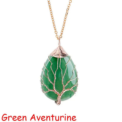 Vintage Natural Gemtone Crystal Amethyst Rose Quartz Tiger Eye Stone Water Drop Tree of Life Pendant Necklace for Women Men Jewelry