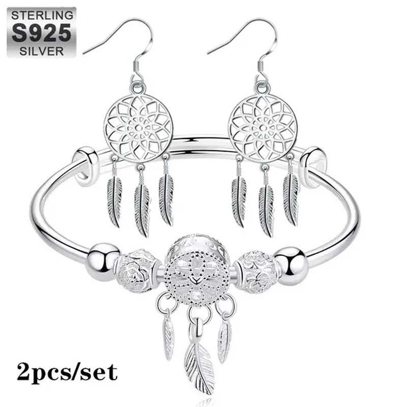 NEW 925 Sterling Silver Dreamcatcher Tassel Feather Round Bead Charm Bracelet & Bangle Earrings for Women Elegant Jewelry Set Gifts