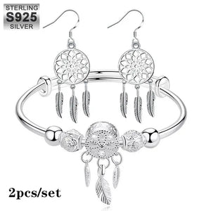 NEW 925 Sterling Silver Dreamcatcher Tassel Feather Round Bead Charm Bracelet & Bangle Earrings for Women Elegant Jewelry Set Gifts
