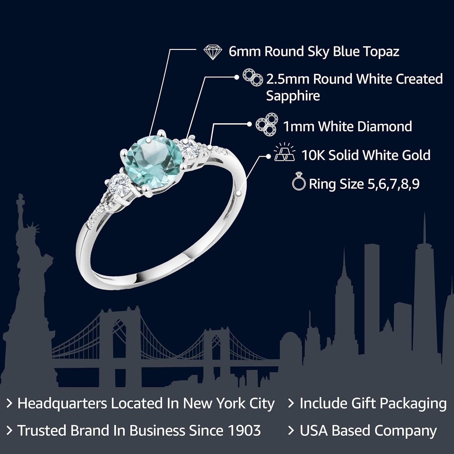 10K White Gold Sky Blue Topaz White Created Sapphire and White Diamond Accent 3-Stone Engagement Ring for Women (1.05 Cttw, round 6MM, Gemstone November Birthstone)