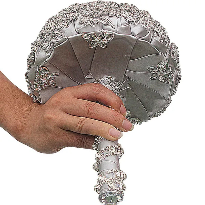 18CM Luxurious Shiny Full Diamonds Brooch Bouquet Silver Rhinestone Bridal Bouquet Ribbon Satin Rose Wedding Bride Holding Flowers