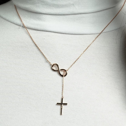 Sterling Silver Gold Plated Cross Infinity Necklace for Women | Lariat Cross Necklace | Communion Confirmation Gift | Silver or Gold Cross Infinity Pendant for Girls