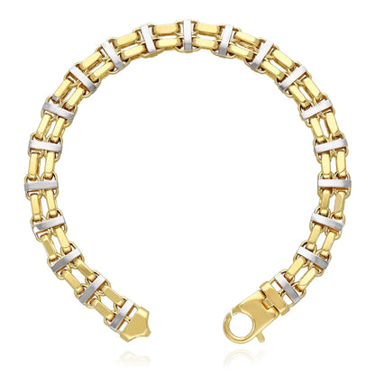 14K Two-Tone Yellow White Gold 8.5Mm Hollow Bike Double Rolo Bracelet 8.5"