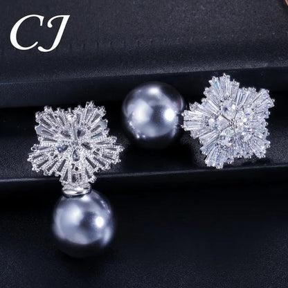 CANDICE Unique Rose Gold Plated Clear Cubic Zircon Snowflake Stud Earring with White Big Shell Pearl Brincos for Woman Christmas Gift