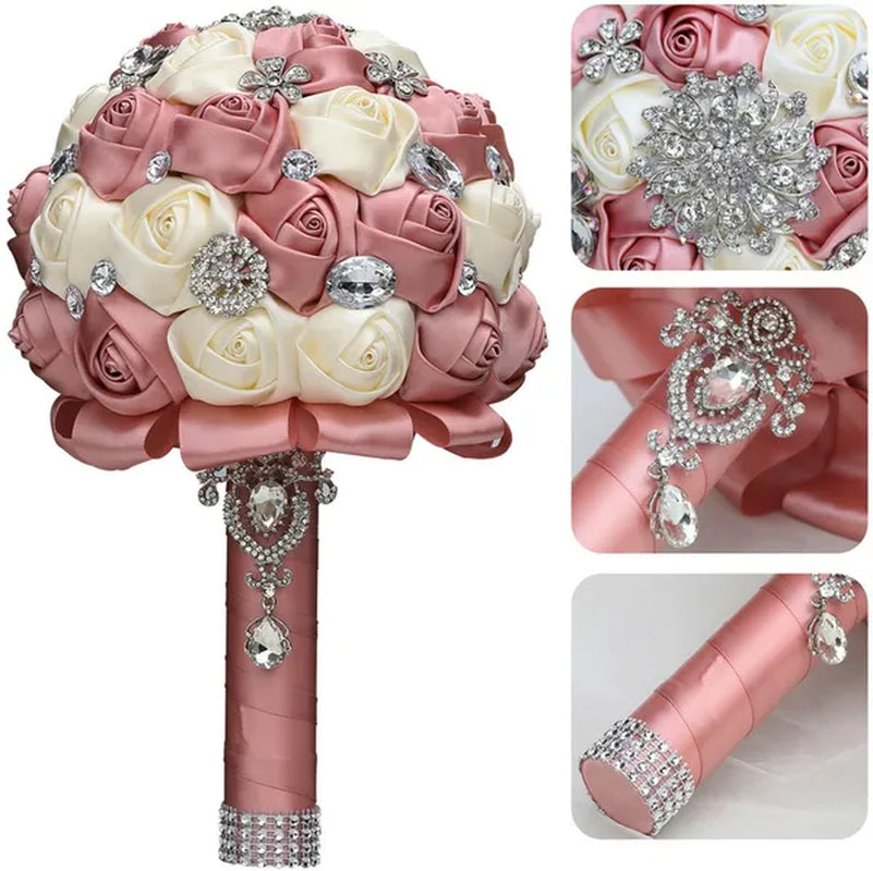 20CM Satin Ribbon Rhinestone Simulation Flowers Bridal Bouquet Handmade Diamond Brooch Wedding Bouquet Bridesmaid Holding Flowers