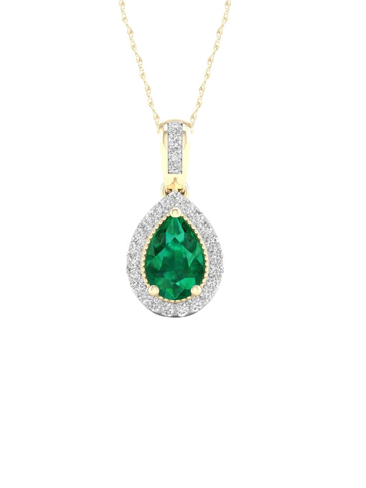 Gemstone 10K Yellow Gold Emerald 1/10 CT TW Diamond Halo Necklace