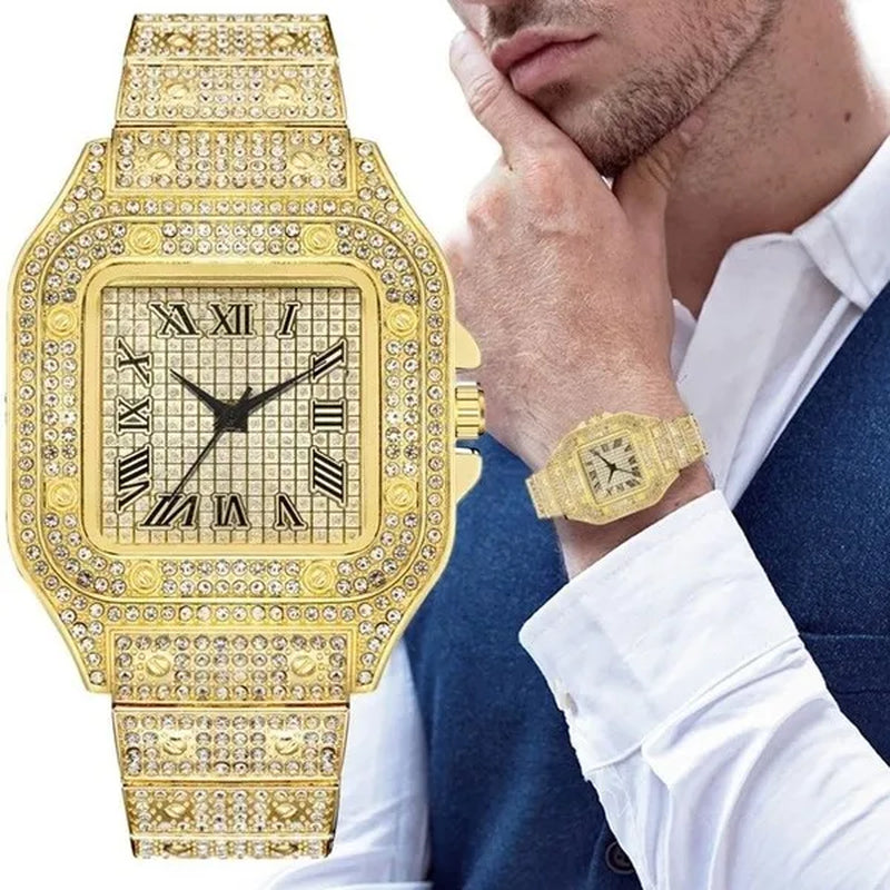 24K Gold / 925 Silver / Rose Gold Stainless Steel Hip Hop Jewelry Iced Out Diamond Thick Miami Cuban Link Chain Necklace Bracelet Watch for Men'S and Women'S Party Jewelry Set Nightclub Bar Fashion Accessories