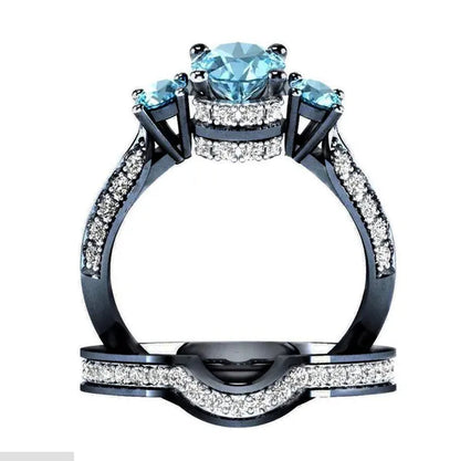 Sz6-12 His and Hers Couple Rings Wedding Engagement Rings Set Women's Aquamarine Black Gold Ring and Men's Titanium Steel Ring Jewelry
