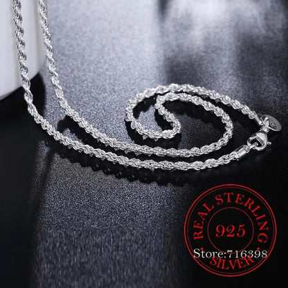 Real 100% 925 sterling silver Men's Fine Jewelry 3mm twisted rope chain necklace Size 16-30inch charm necklace Colar