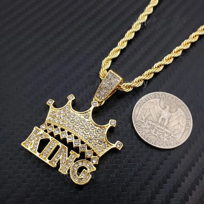 Hip Hop Iced  Lab Diamond CROWNED KING Pendant & 4mm 24" Rope Chain Necklace