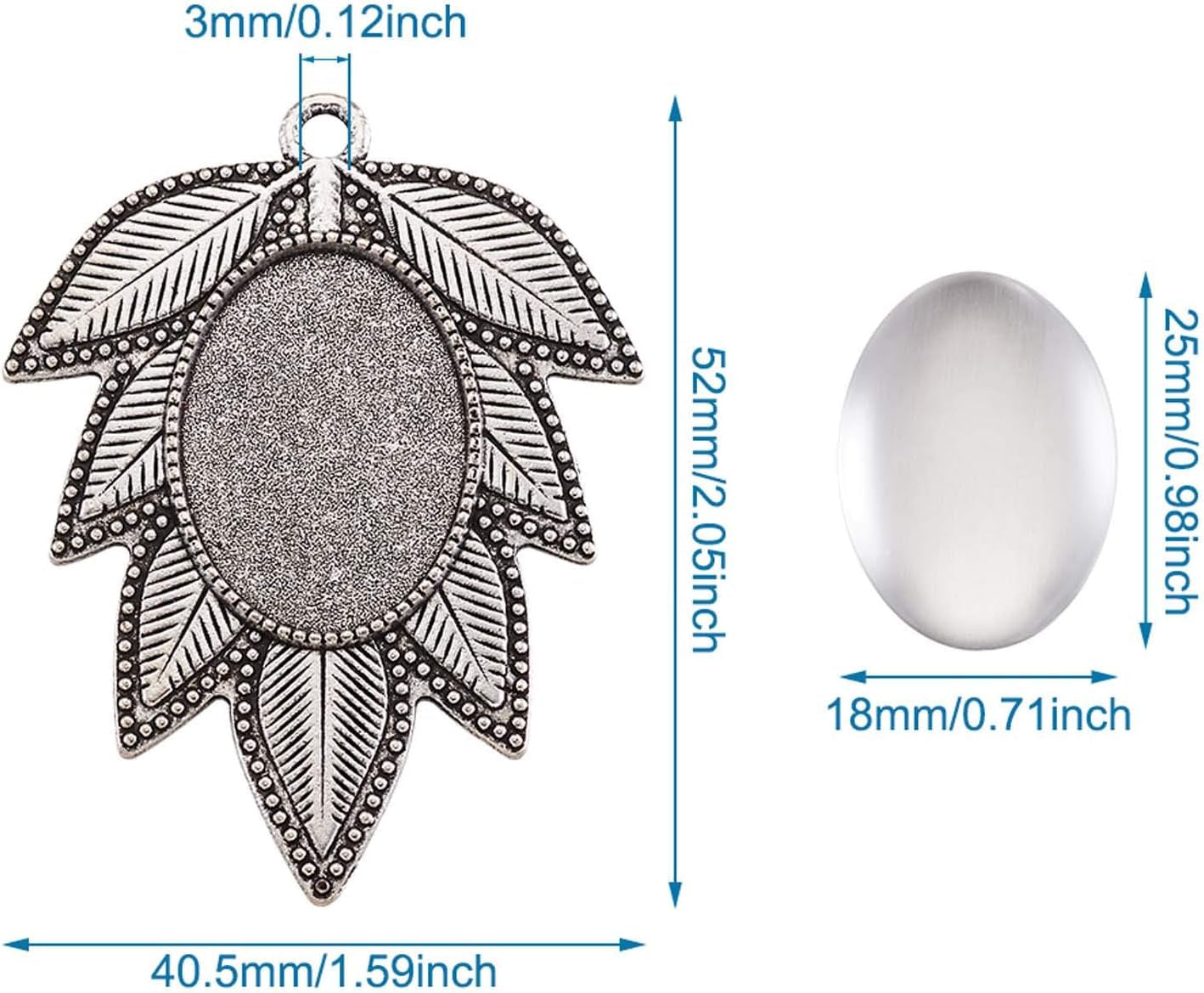 Pandhall 6 Set Leaf Tibetan Antique Silver Alloy Pendant Cabochon Bezel Settings with Clear Glass Cabochons, Trays: 18X25Mm