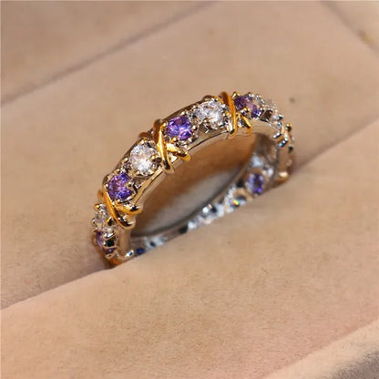 Brand Jewlery Women's Fashion 925 Silver Purple Simulated Diamond Cubic Zirconia Tanzanite Yellow Gold Cross Eternal Band Wedding Ring