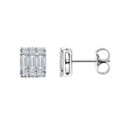 0.17 CT. T.W. Baguette and round Diamond Earrings in 14K White Gold