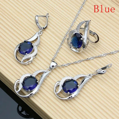 925 Silver Jewelry Sets for Women Rainbow Tourmaline  Wedding Necklace Earrings Open Ring