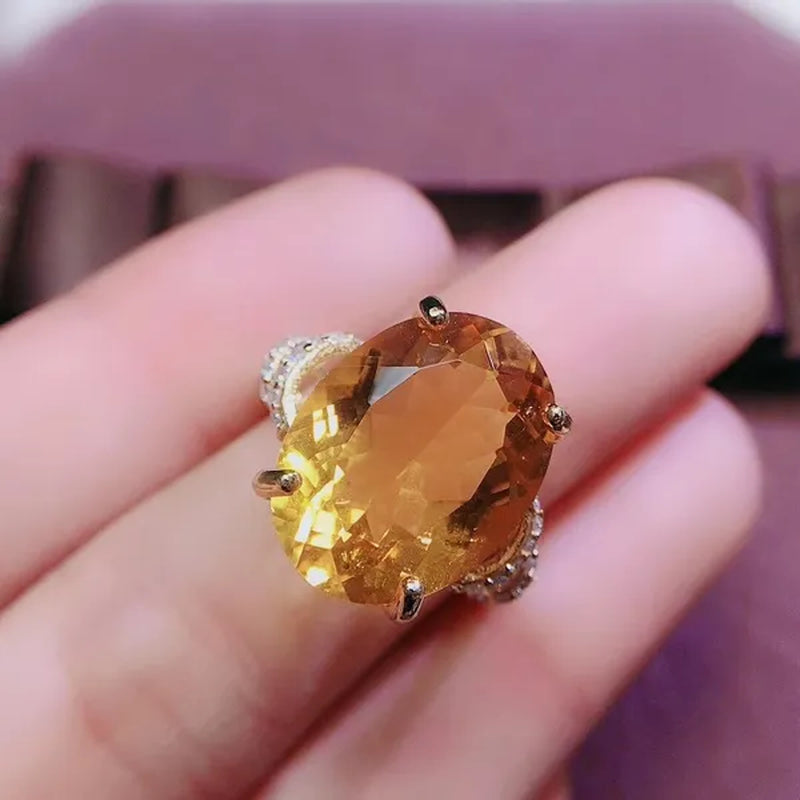 Colife Jewelry 100% Natural Citrine Ring 12*16Mm Natural Citrine Silver Ring Big Size Gemstone Silver Ring Brithday Gift
