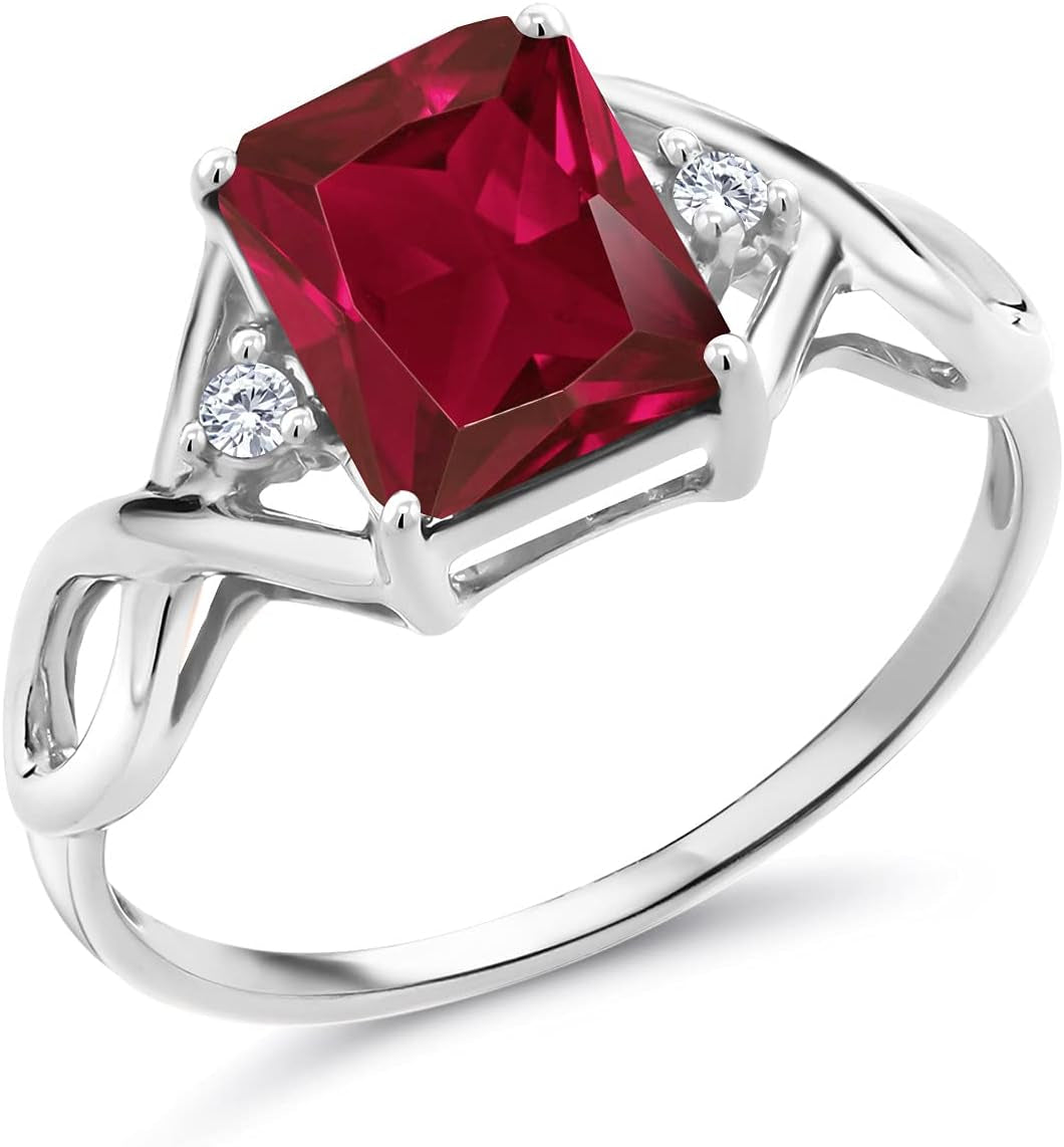 2.88 Cttw Red Created Ruby and White Lab Grown Diamond Ring for Women | 925 Sterling Silver | Available in Size 5, 6, 7, 8, 9