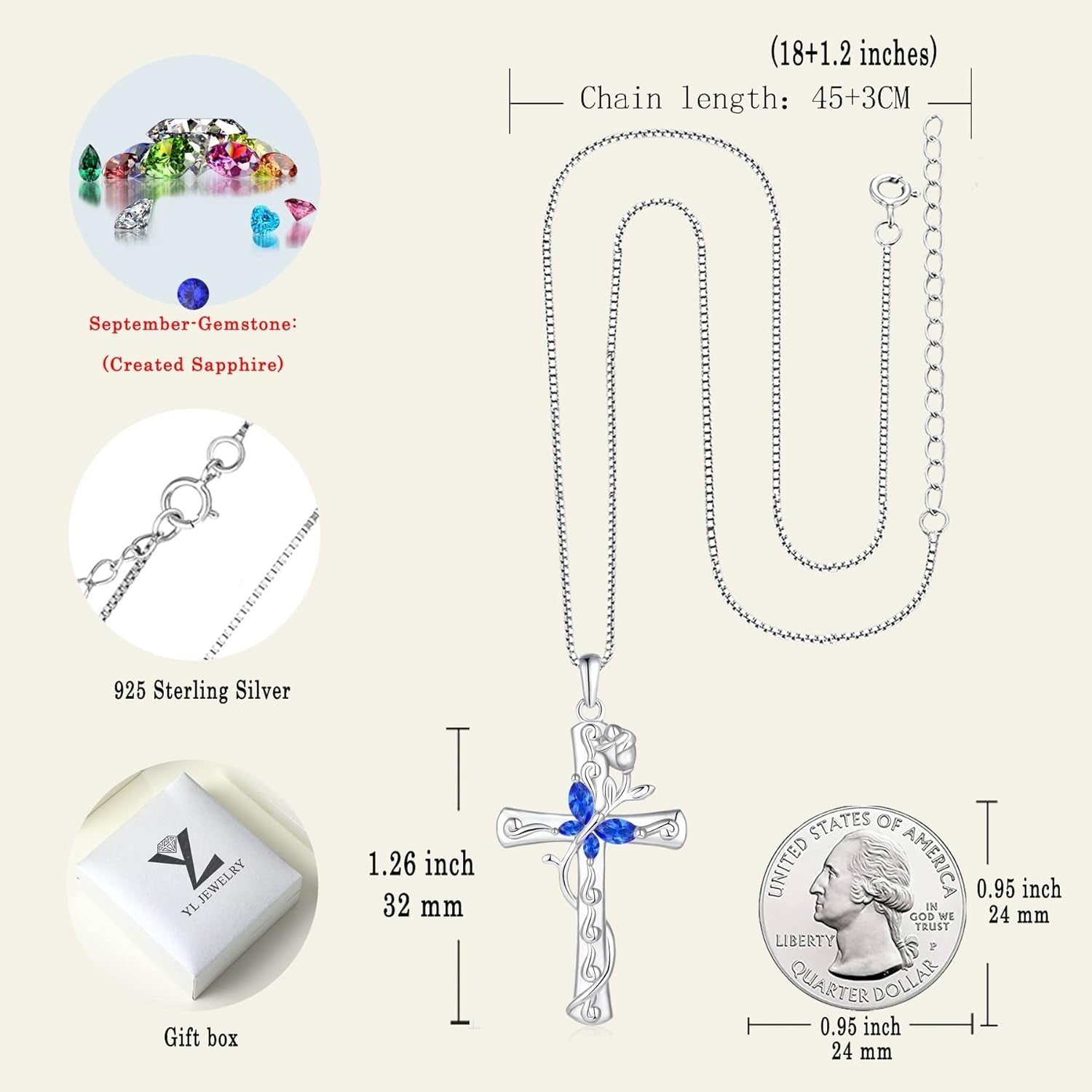 Butterfly Cross Necklace Sterling Silver Cubic Zirconia Rose Pendant Birthstones Crucifix Jewelry for Women