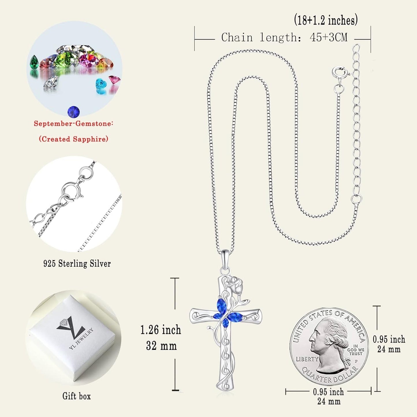 Butterfly Cross Necklace Sterling Silver Rose Flower Pendant Birthstone Jewelry for Women