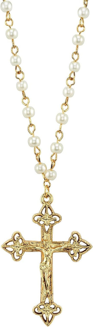 1928 Jewelry Women'S Gold Tone 4Mm Faux Pearl Chain Crucifix Cross Pendant Necklace 16" + 3" Extender
