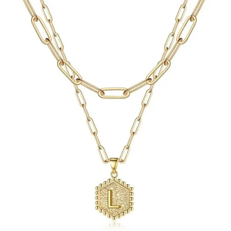 Dainty Layered Initial Necklaces for Women, 14K Gold Plated Paperclip Chain Necklace Simple Cute Hexagon Letter Pendant Initial Choker Necklace Gold Layered Necklaces for Women