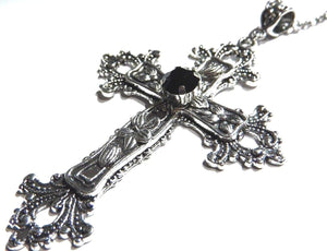 Large Gothic Cross Necklace Silver-Tone Pendant with Glass Stone, on 24" Steel Chain…