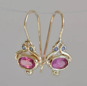 Unique Blue Sapphire Oval Pink Tourmaline Gemstone Dangle Hook Earrings Women Jewelry Gifts