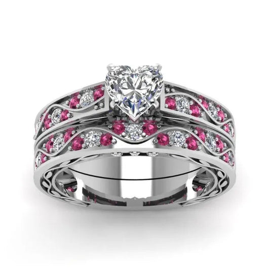 Cocktail Ring Heart CZ Ruby 10KT White Gold Filled Women'S Wedding Ring Sets Sz6-9