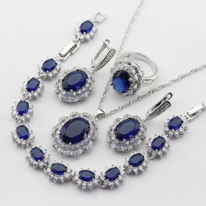 Flower Shaped Women Blue Pendant Rings Earrings Bracelet