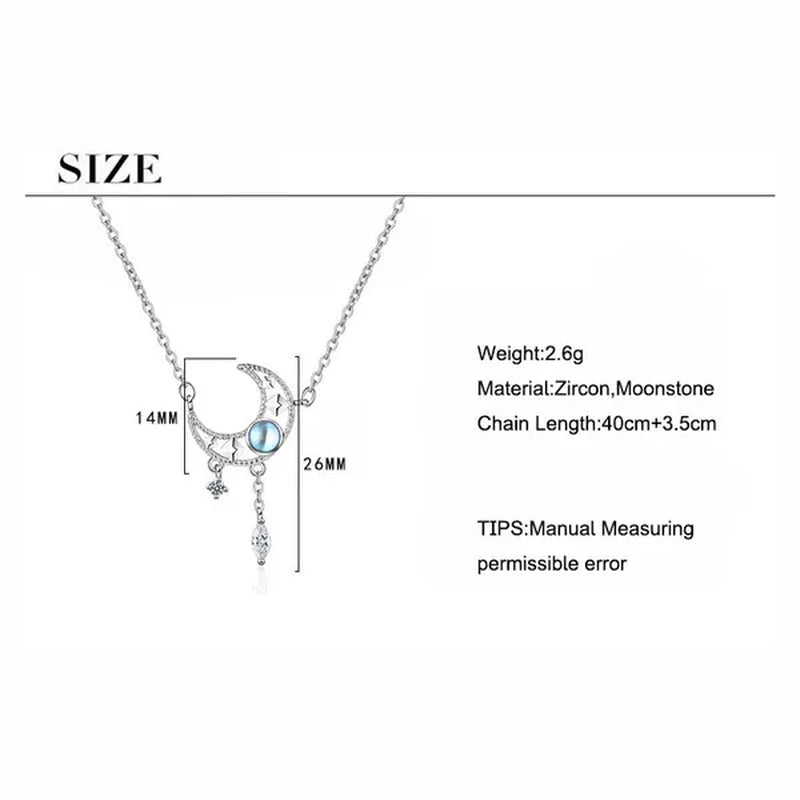 925 Sterling Silver Colorful Moonstone Clavicle Chain Necklace Silver Moon Zircon Tassel Necklace Jewelry For Women