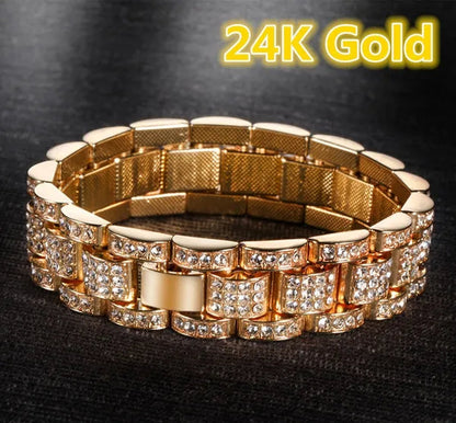 Mens fashion 24K Gold / 925 Silver Plated Solid Stainless Steel Chain Iced Diamond Thick Miami Cuban Link Chain DIAMOND Bracelet Hip hop Jewelry