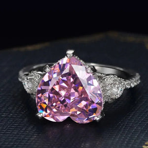Luxury Silver Plated Simulated Pink Heart-shaped Lab Diamond Engagement Ring with Side Stones Promise Bridal Ring