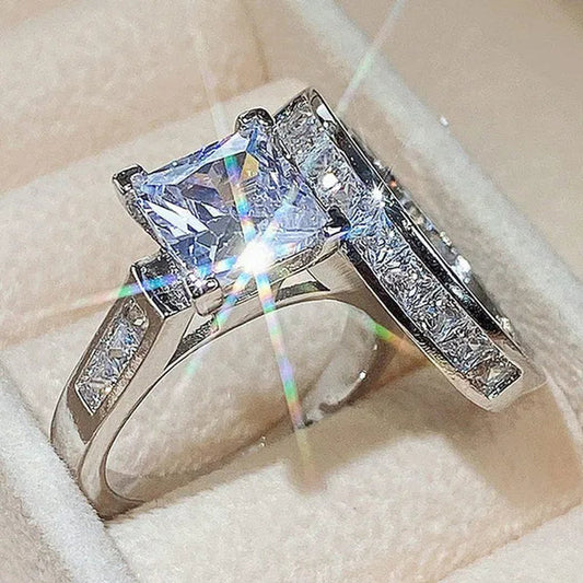 2Pcs/Set Charm Crystal Natural Gemstones White Sapphire Diamond Silver Ring Set Anniversary Gift Engagement Bridal Wedding Rings Jewelry for Women Ladies Size 5-10