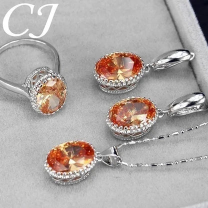 CANDICE Romantic Round Shaped Purple Crystal Sterling Silver Plated Jewelry Set For Party Necklace Earrings Ring Sets（US 6-9)