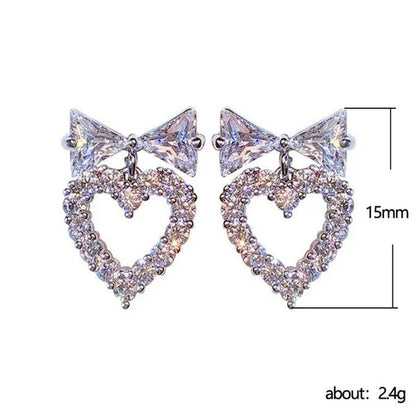 New Trendy Love Heart Bow Stud Earrings White Diamond Women Bridal Elegant Jewelry Elegant Earrings