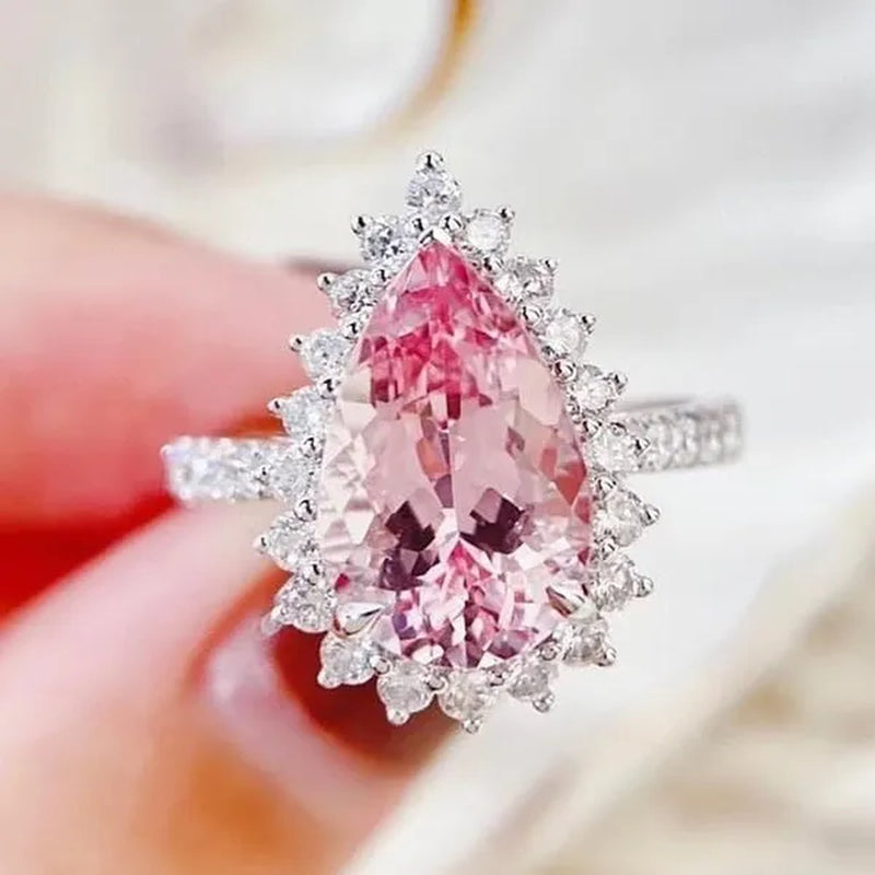 Luxurious High-quality Flower Shaped Silver Inlaid Dazzling Pink Zircon Women's Ring, Fashionable New Romantic Wedding Jewelry Accessories Christmas Gift, Anniversary Ring Valentine's Day Gift for Her