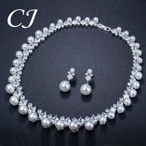 CANDICE High Quality White Gold Plating Square CZ Stone With White Pearl Luxurious Bridal Jewelry Wedding Choker Necklace and Drop Earrings Sets for Brides Dress Accessories