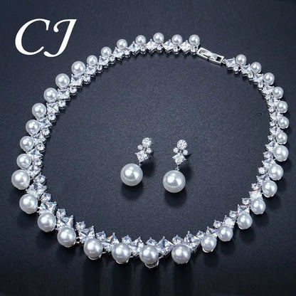 CANDICE High Quality White Gold Plating Square CZ Stone With White Pearl Luxurious Bridal Jewelry Wedding Choker Necklace and Drop Earrings Sets for Brides Dress Accessories