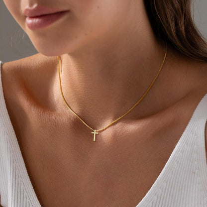 Gold Cross Necklace for Women, Trendy 14K Gold Plated Charm Box Chain Choker Dainty, Christian Religious Faith Small Cross Pendant Necklace Non Tarnish