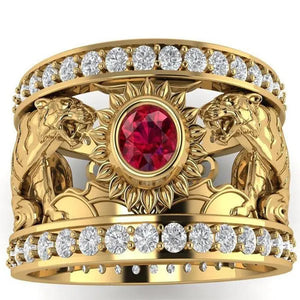 European and American Fashion Men's Exquisite Double Row Natural Gemstone Ruby & White Sapphire Gold Tiger Ring Anniversary Gift Engagement Wedding Band Rings Jewelry Size 6-13
