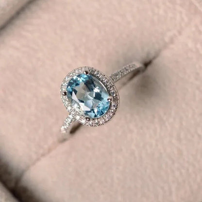 Brilliant Oval Aquamarine White Diamond Halo Ring 18K White Gold Bride Promise Wedding Engagement Jewelry Gifts