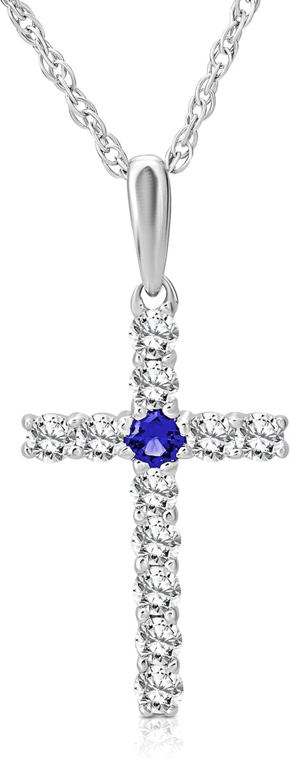 14K Gold Diamond and Created Blue Sapphire Cross Pendant with Sterling Silver Rope Chain Necklace (1/4 Cttw, I-J Color, I2-I3 Clarity), 18"