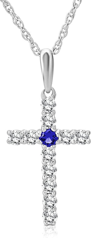 10K Gold or Silver Diamond and Created Blue Sapphire Cross Pendant with Sterling Silver Rope Chain Necklace (1/4 Cttw, I-J Color, I2-I3 Clarity), 18"