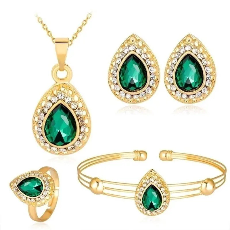 4 Pcs / Set of Luxury Sapphire Princess Crown Necklace Set European and American Bride Engagement Ring Earrings Pendant Beautiful 18K Rose Gold Diamond Wedding Jewelry Set