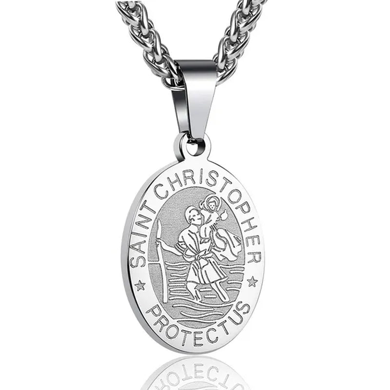 Religious Catholicism Amulet Oval Saint Christopher Necklace for Men Women, 316L Stainless Titanium Steel Catholic Patron Saint of Travellers St Christopher Pendant with Chain 23.6 Inches Black / Silver / Gold