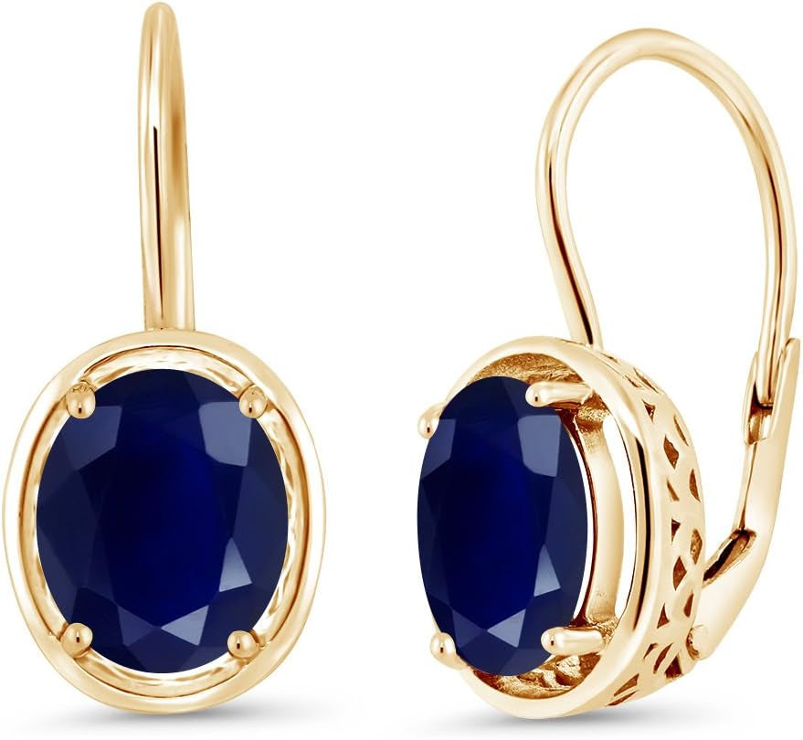 18K Yellow Gold Plated Silver Blue Sapphire Earrings | Oval 9X7MM Dangle Earrings for Women | 5.00 Cttw | Gold Earrings for Women