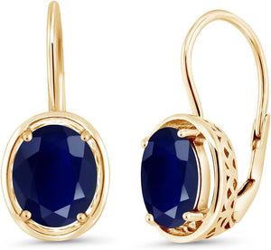 18K Yellow Gold Plated Silver Blue Sapphire Earrings | Oval 9X7MM Dangle Earrings for Women | 5.00 Cttw | Gold Earrings for Women