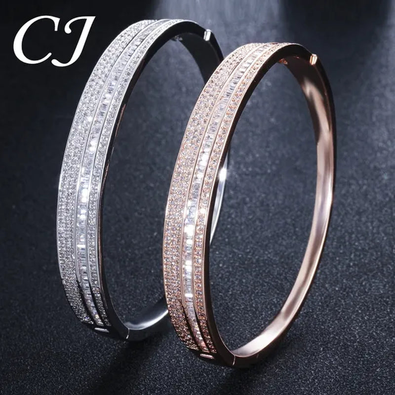 CANDICE New Fashion Simple Unisex Open Bangle Setting Sparkling CZ Stone Rose Gold & White Gold Plated Cuff Bracelet Jewelry for Women Men Couple Gift