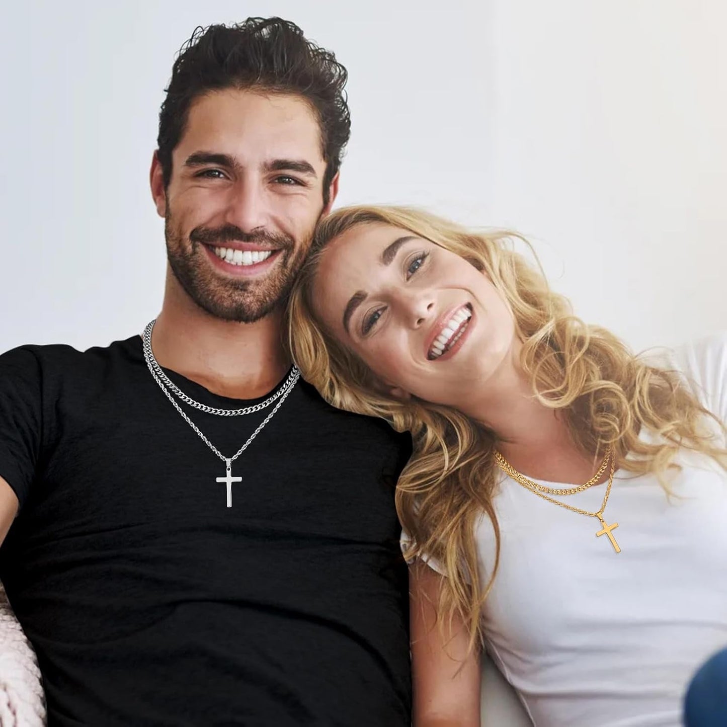 Valentines Gifts for Him - 2 Pcs Cross Necklace Chain for Men and Women, Layered Mens Cross Necklaces Stainless Steel Pendant Cuban Link Rope Chain 16-26 Inch, Jewelry Gift