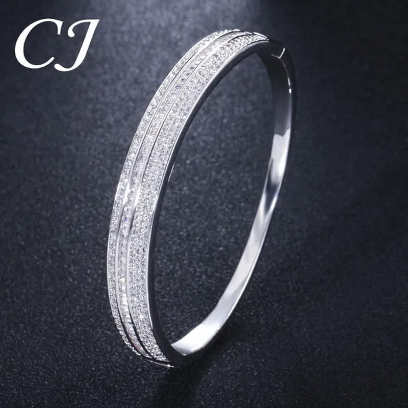CANDICE New Fashion Simple Unisex Open Bangle Setting Sparkling CZ Stone Rose Gold & White Gold Plated Cuff Bracelet Jewelry for Women Men Couple Gift
